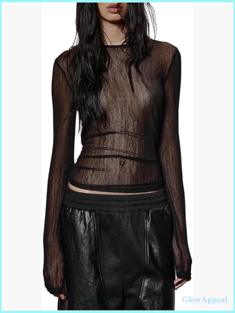 Sheer Mesh Crew Neck Long Sleeve Fitted Night Out Tee
